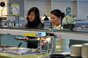 Students going through food serving line.