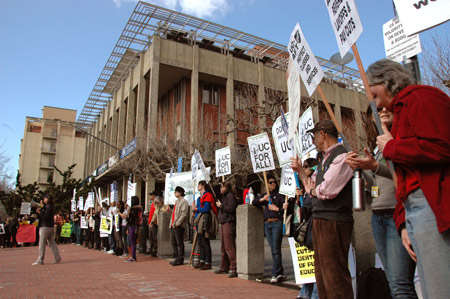 Picket line at entrance to the campus 