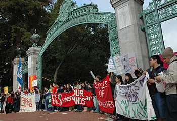 Protestors blocking Sather Gate.