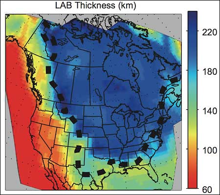 Map showing the thickness of the North American lithosphere.