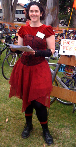 Celeste Roschuni in red dress