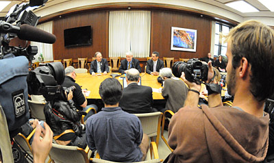 Campus leaders at a press conference about the Haas School shooting