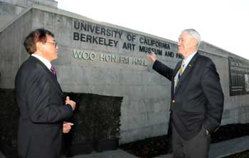 David Woo and Chancellor Birgeneau outside the newly renamed Woo Hon Fai Hall