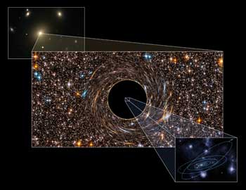 An artist’s concept of the immense black hole discovered in the galaxy NGC 3842.