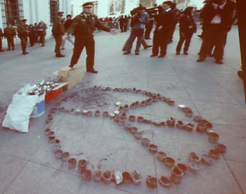 Peace sign made from spent tear-gas cannisters