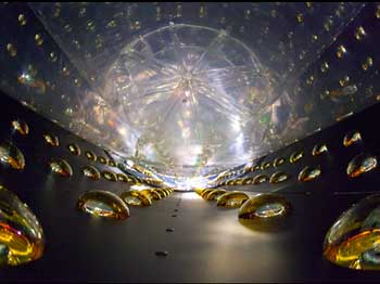 A photo of the inside of the cylindrical detector, before it was filled with clear liquid scintillator.