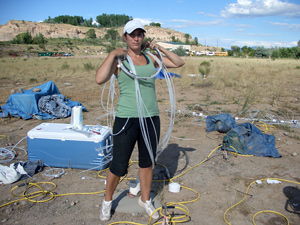 Kelly Wrighton among the equipment she used to extract microbes from underground.