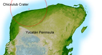 Diagram of Yucatan peninsula and Chicxulub impact crater.